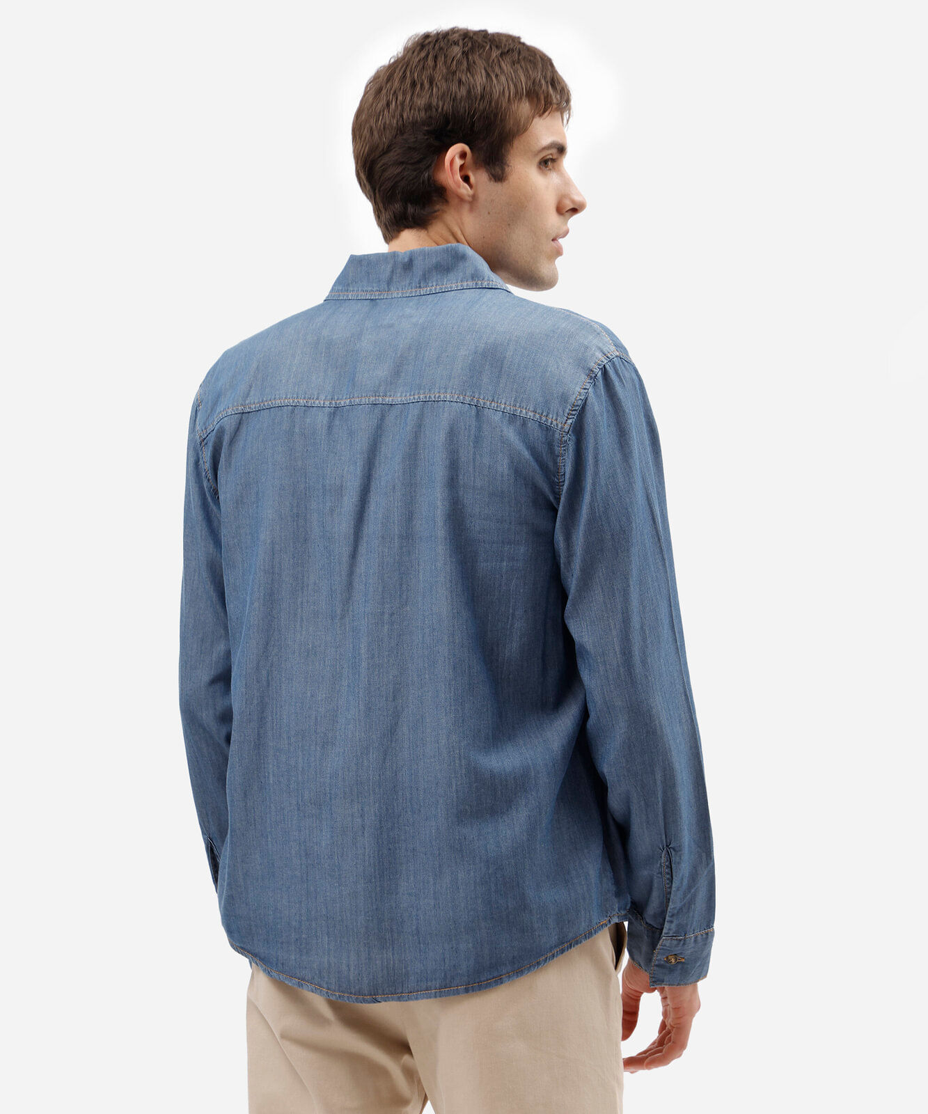 camisa masculina jeans manga longa azul