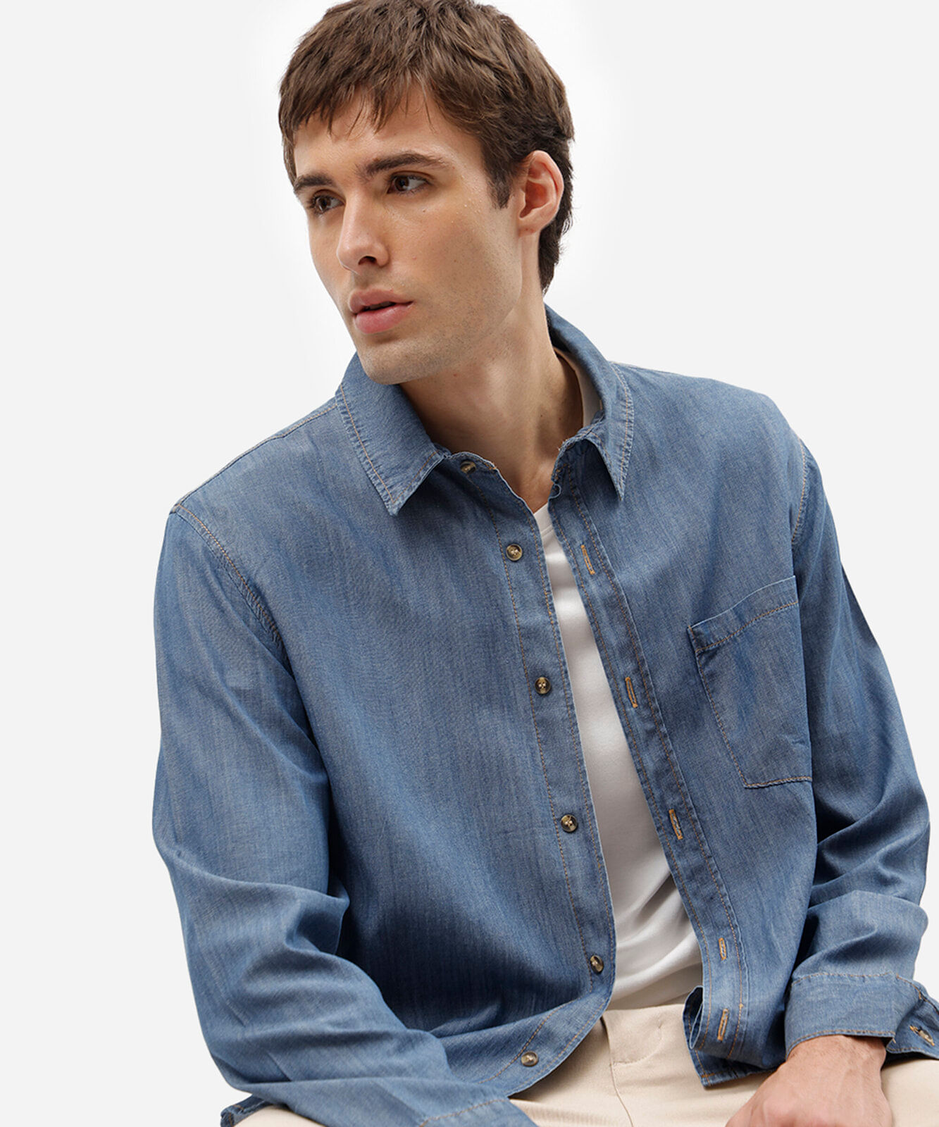 camisa masculina jeans manga longa azul