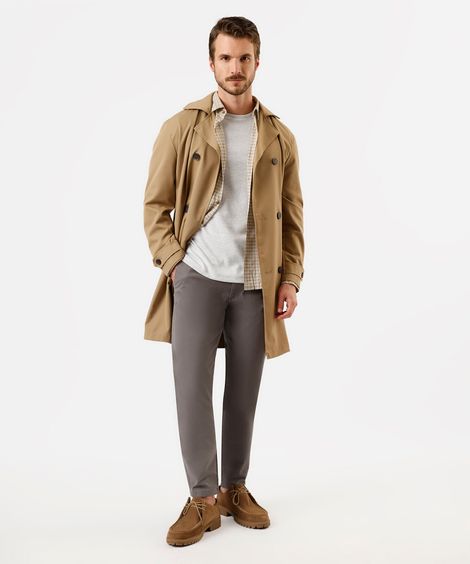 calça chino reta masculina de sarja cós elástico cinza