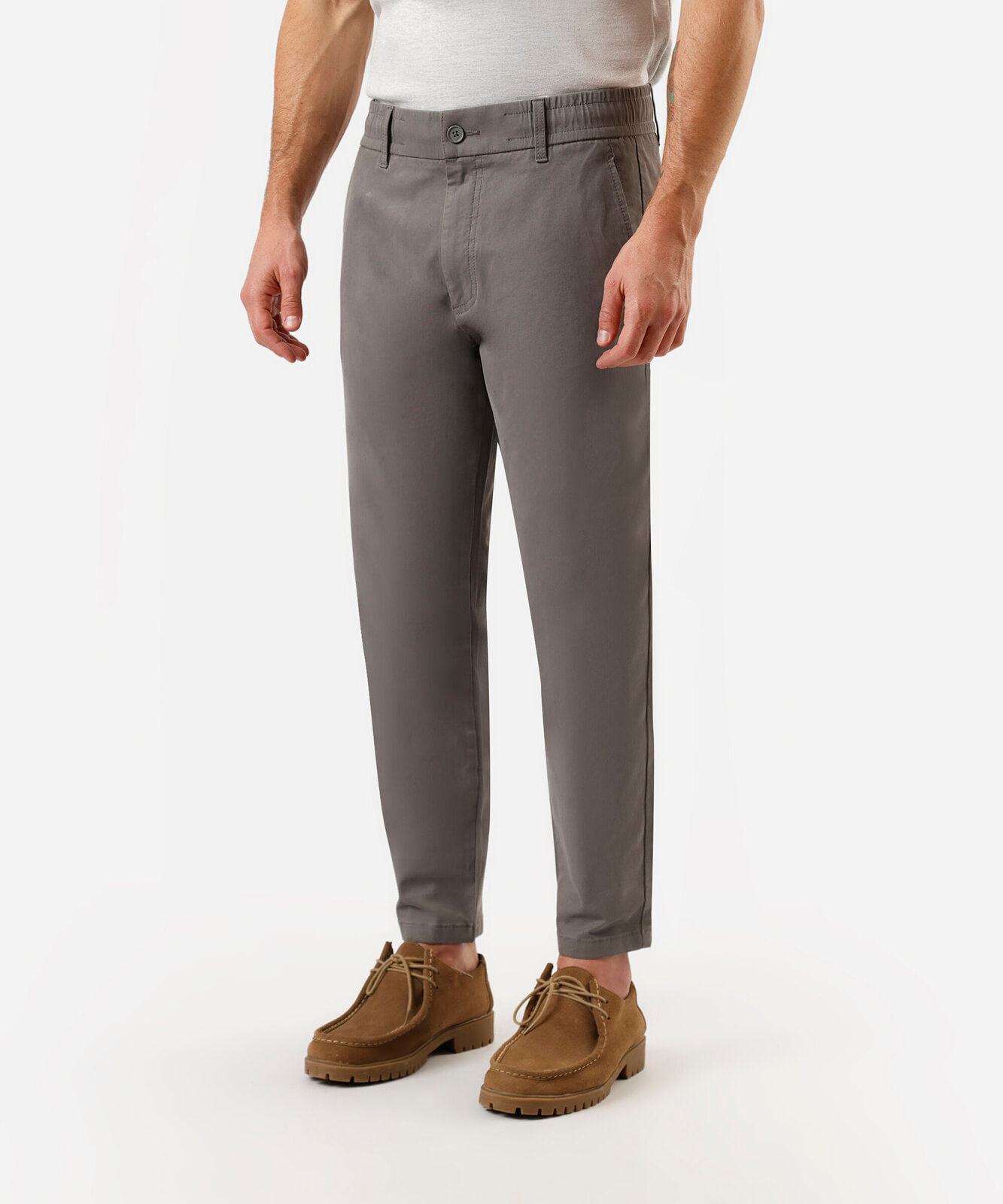 calça chino reta masculina de sarja cós elástico cinza