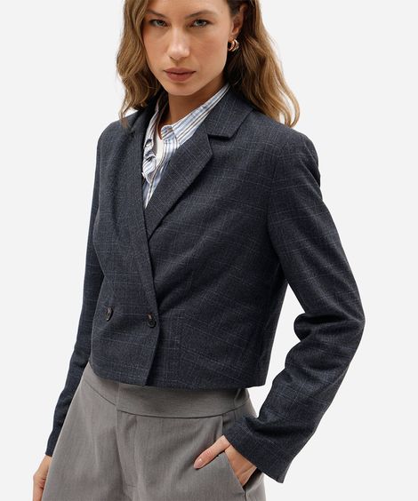 blazer de alfaiataria cropped feminino xadrez azul