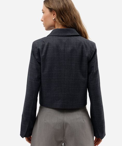 blazer de alfaiataria cropped feminino xadrez azul