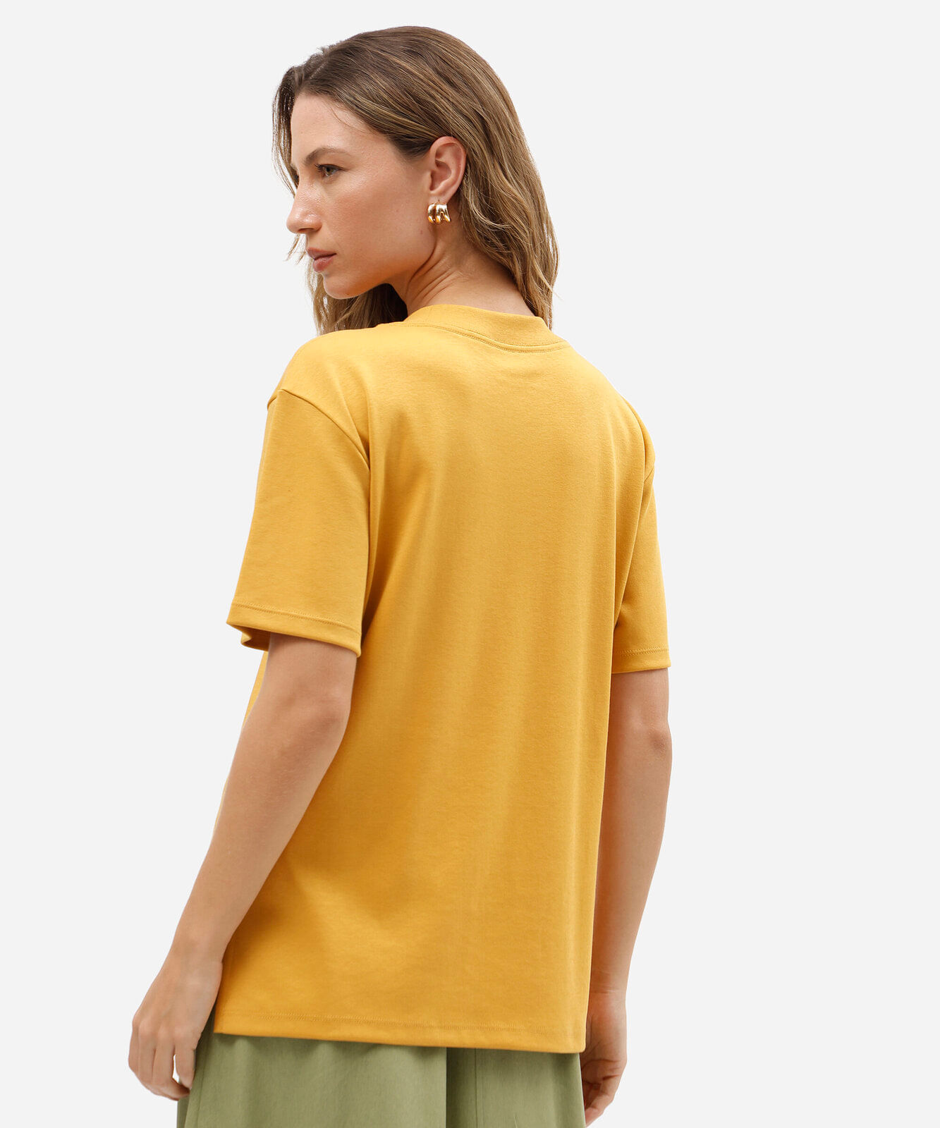 camiseta básica feminina de algodão peruano oversized com fendas amarela