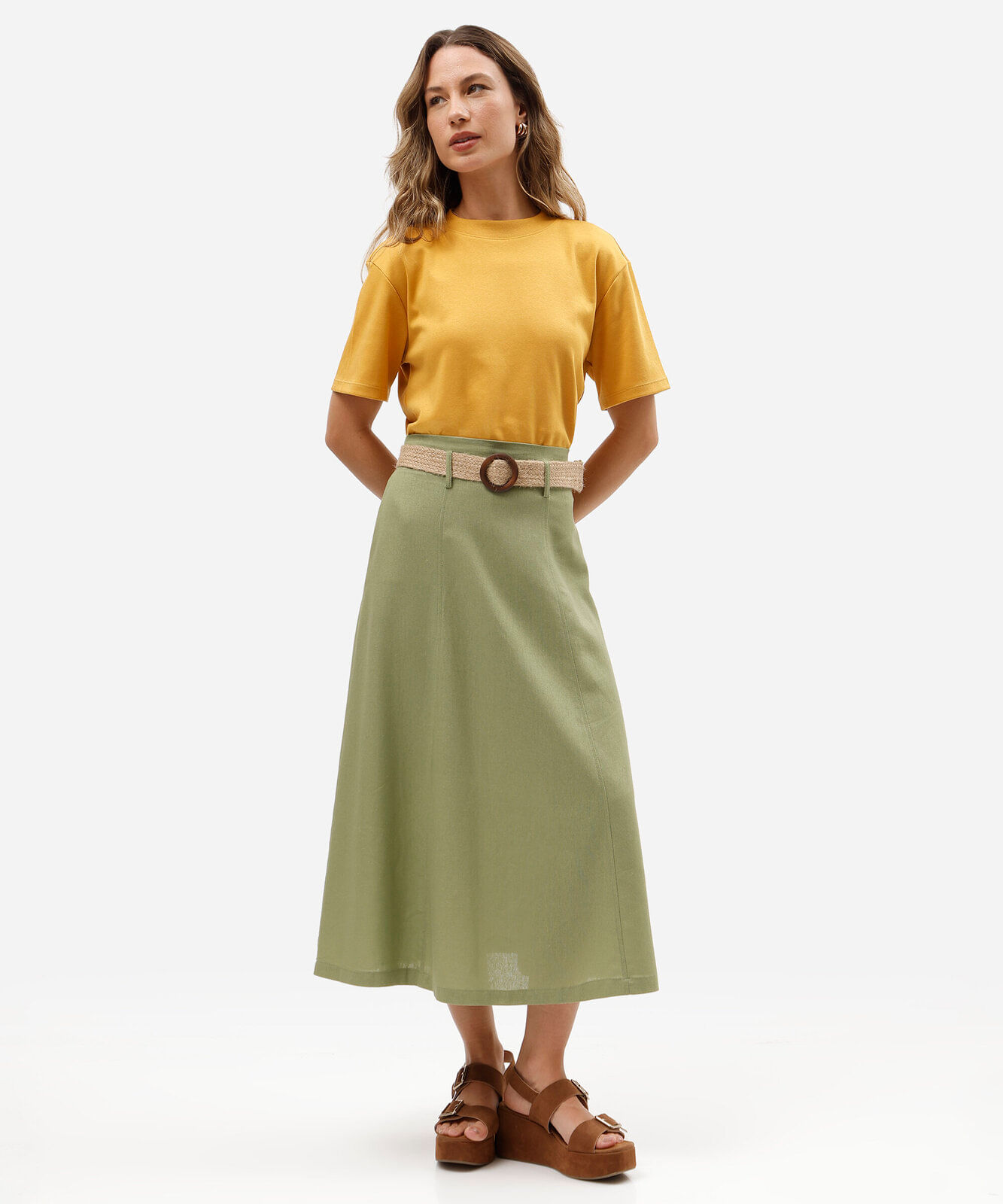 camiseta básica feminina de algodão peruano oversized com fendas amarela