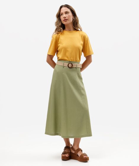 saia midi com linho cintura alta - verde