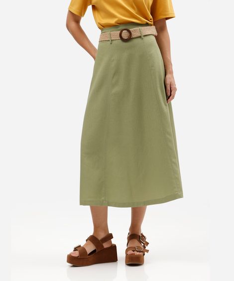 saia midi com linho cintura alta - verde
