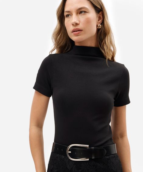 blusa feminina de algodão gola alta manga curta preta