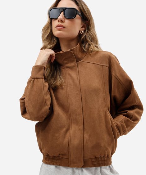 jaqueta bomber feminina de suede gola funnel neck marrom