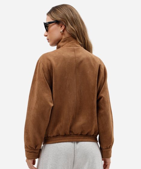 jaqueta bomber feminina de suede gola funnel neck marrom