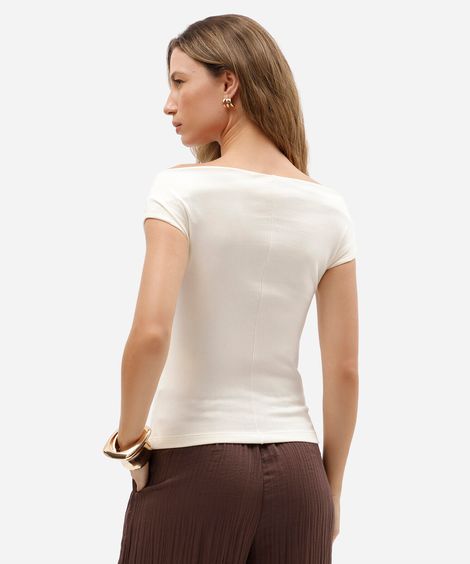 blusa feminina de algodão decote canoa manga curta bege