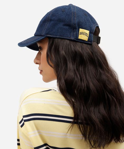boné aba curva jeans com bordado brasil azul