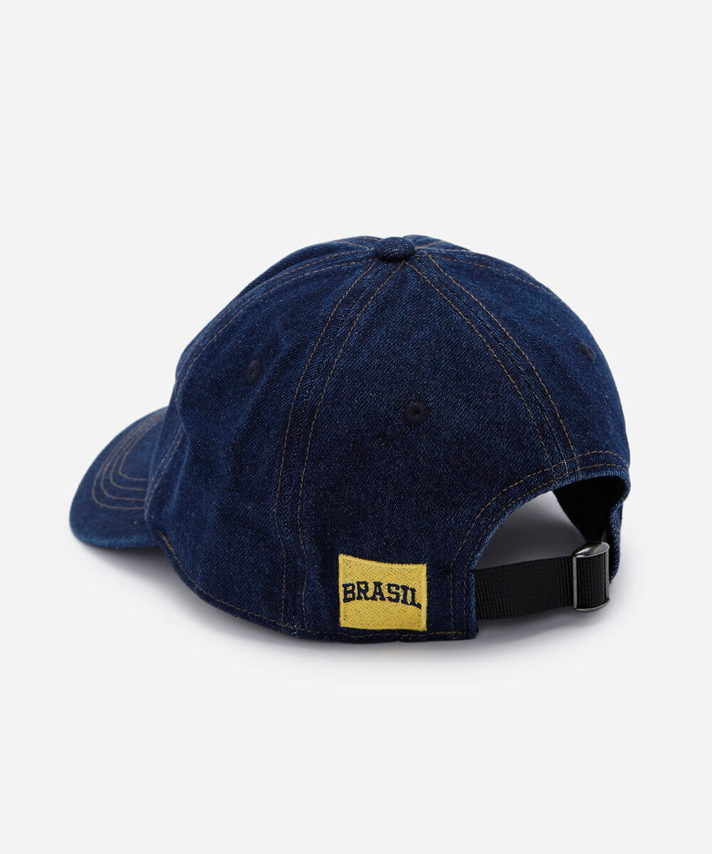 boné aba curva jeans com bordado brasil azul