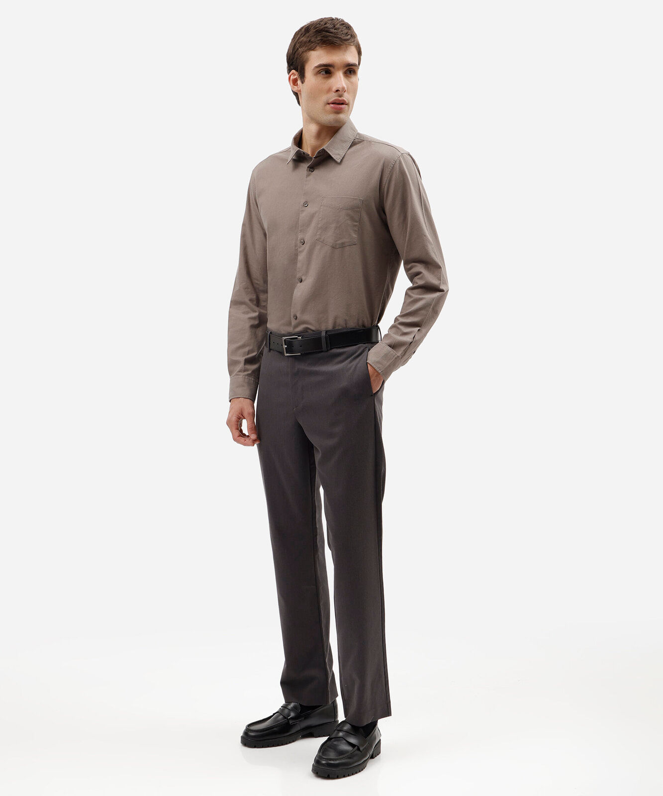 camisa manga longa comfort oxford bege
