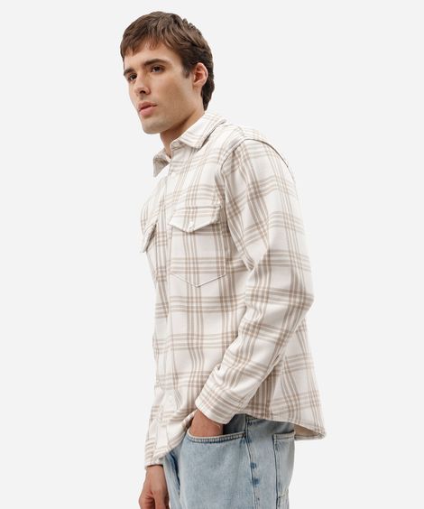 camisa overshirt masculina de algodão manga longa xadrez bege