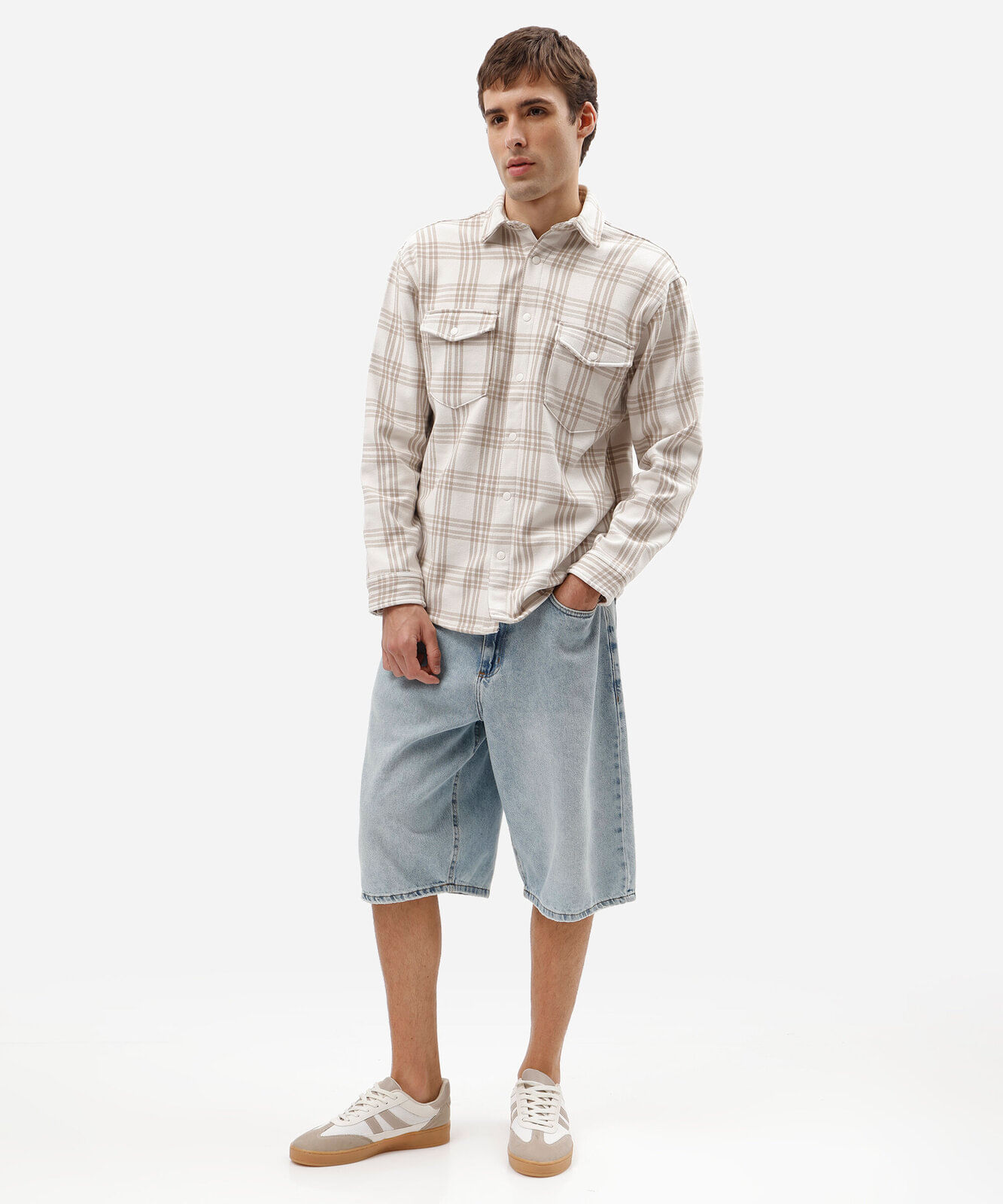 camisa overshirt masculina de algodão manga longa xadrez bege
