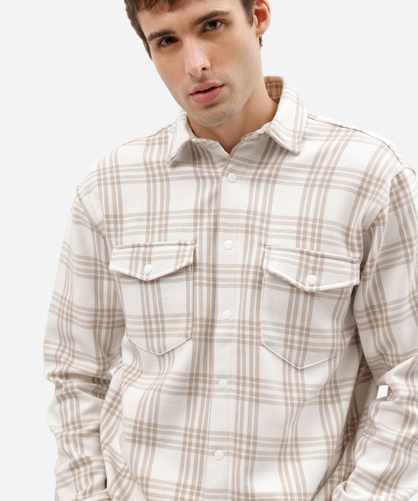 camisa overshirt masculina de algodão manga longa xadrez bege
