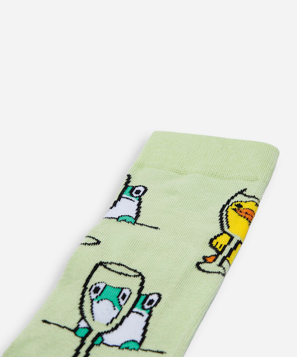 meia masculina cano alto pato e sapo verde