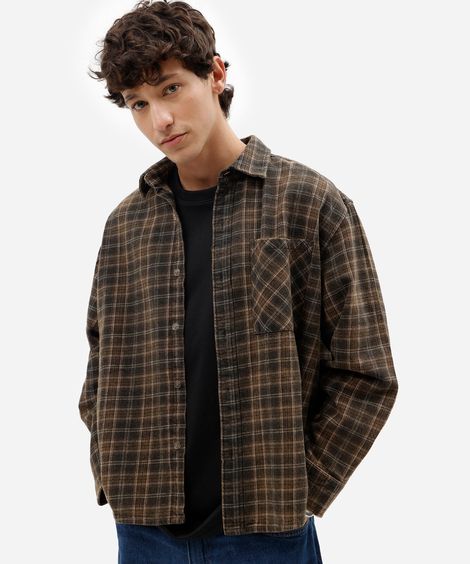 camisa masculina de algodão manga longa estonada xadrez marrom