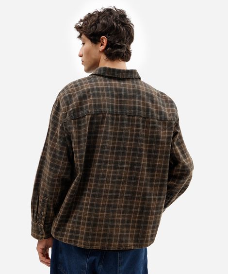 camisa masculina de algodão manga longa estonada xadrez marrom