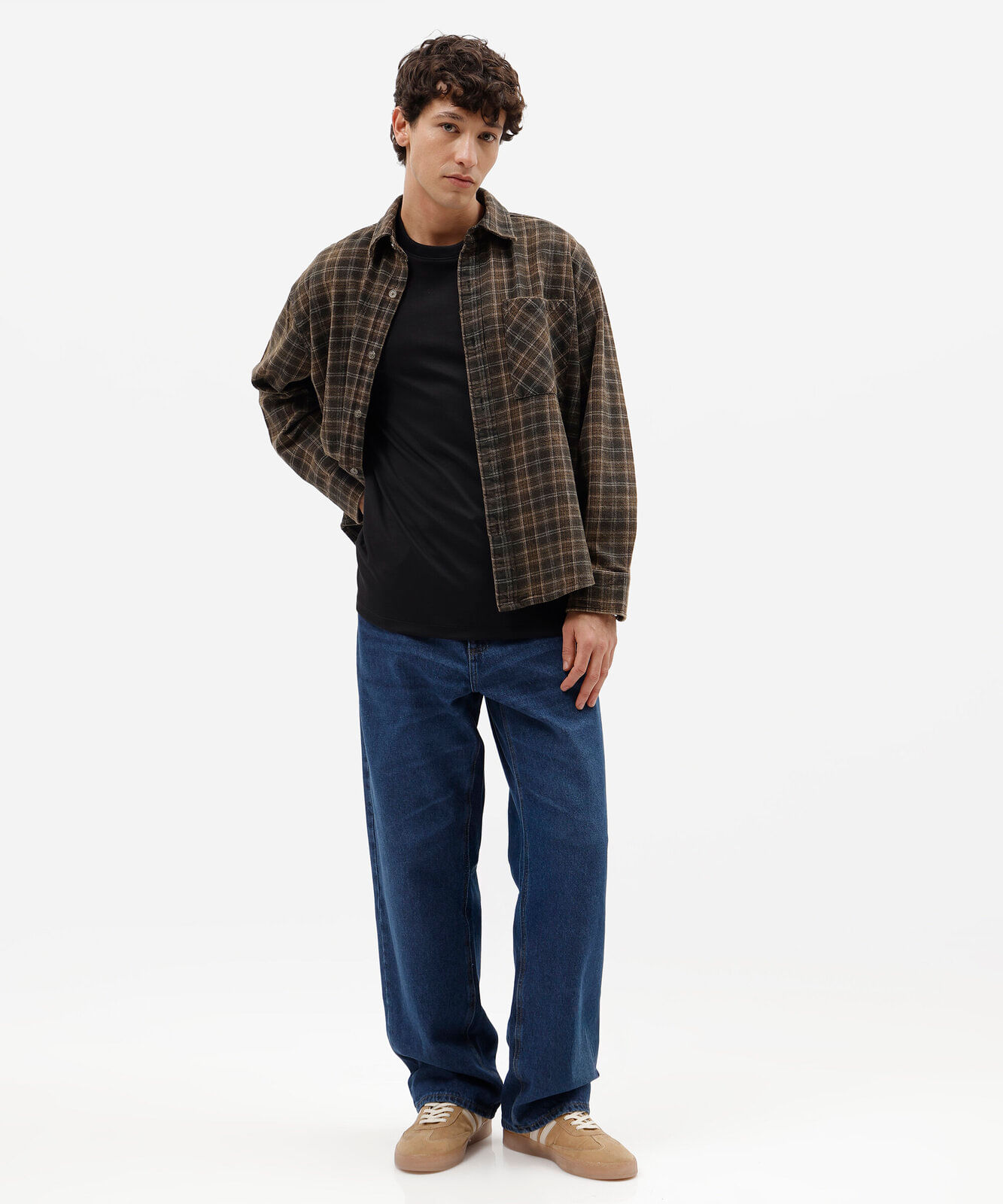 camisa masculina de algodão manga longa estonada xadrez marrom