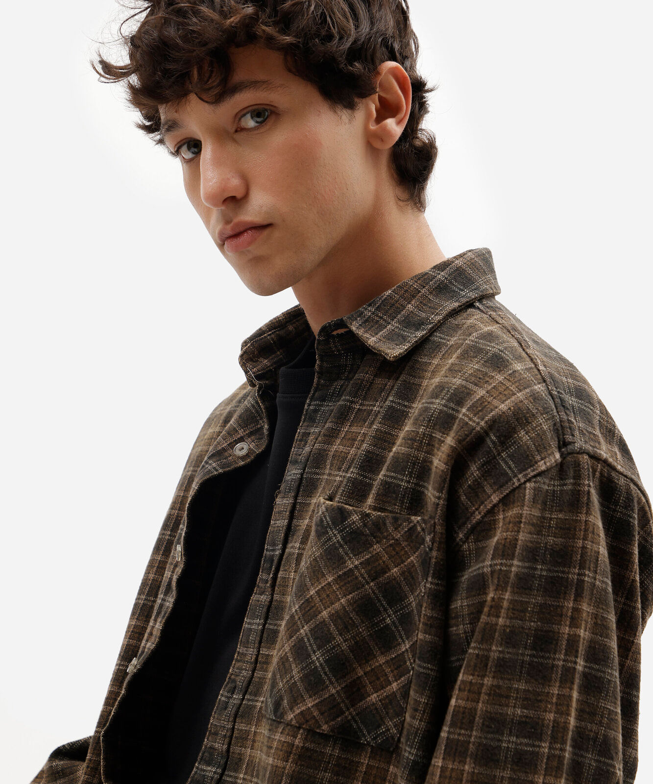 camisa masculina de algodão manga longa estonada xadrez marrom
