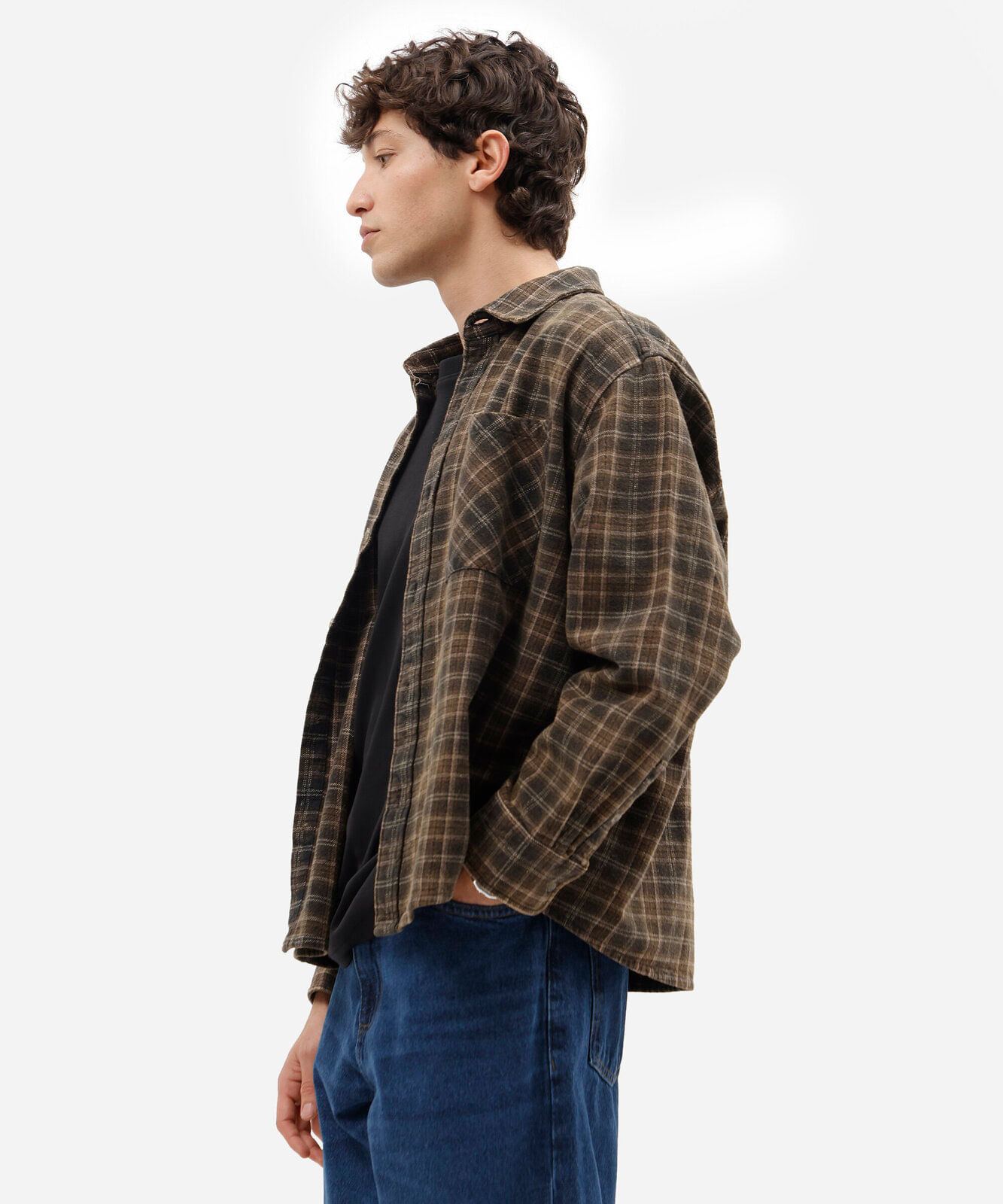 camisa masculina de algodão manga longa estonada xadrez marrom