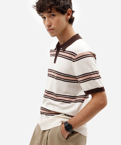 polo masculina de tricot manga curta listrada off white