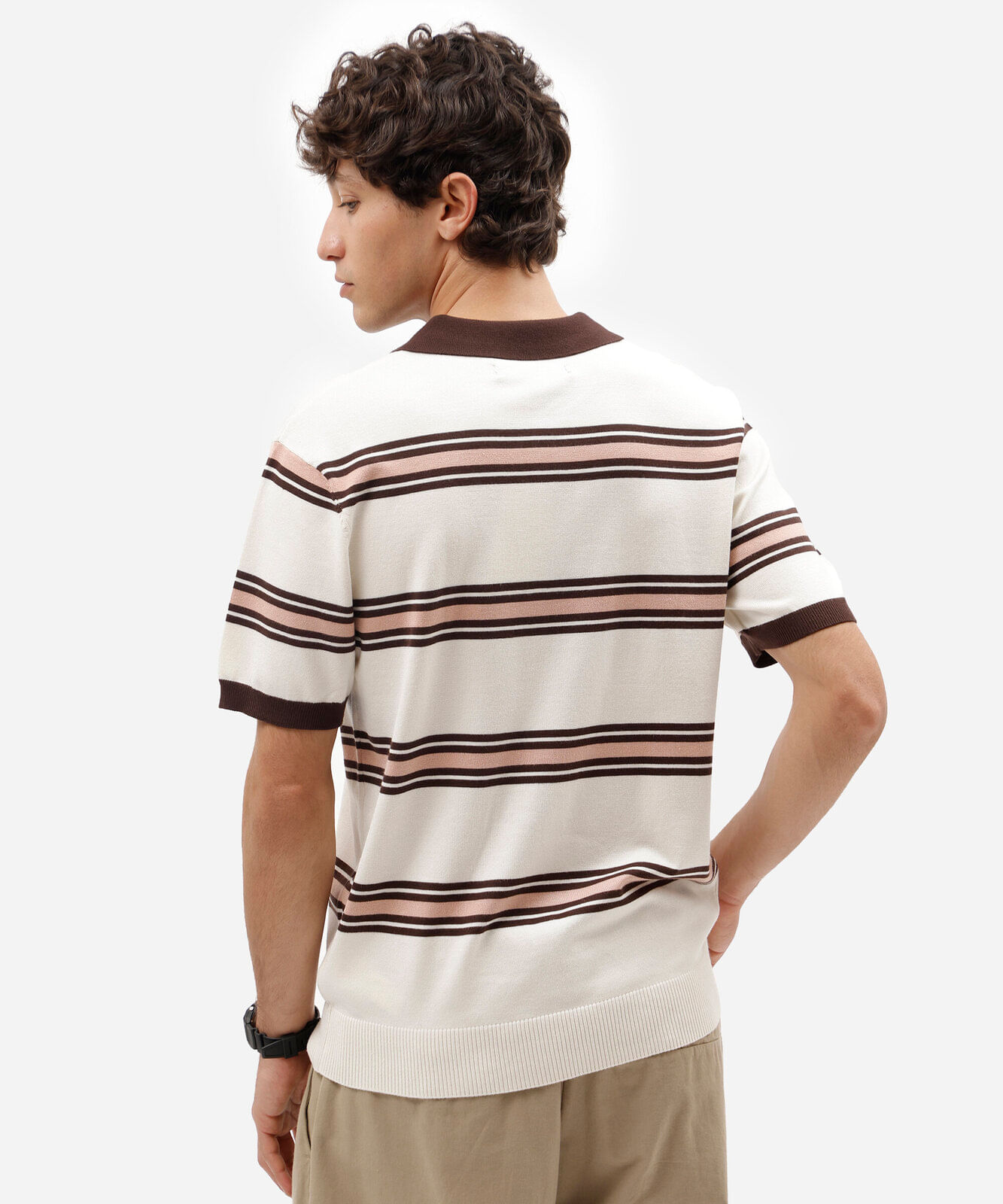 polo masculina de tricot manga curta listrada off white
