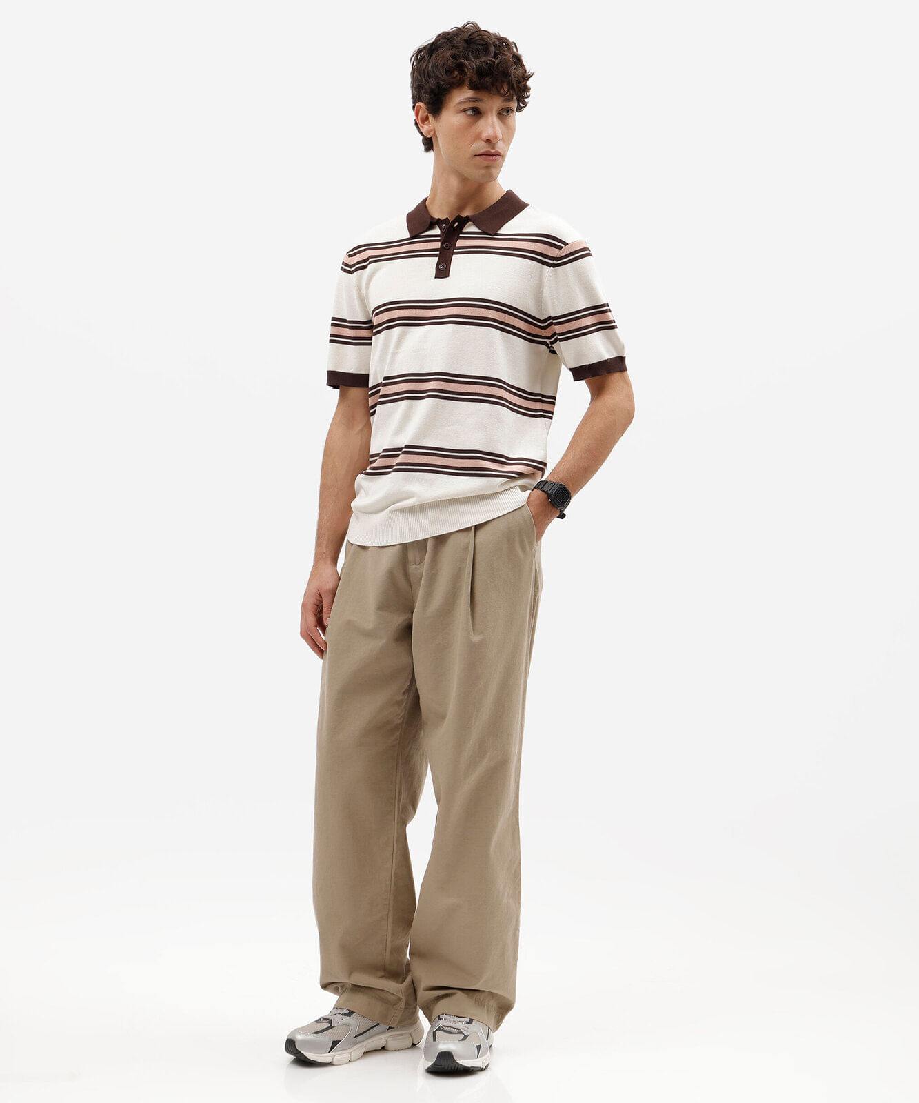 polo masculina de tricot manga curta listrada off white