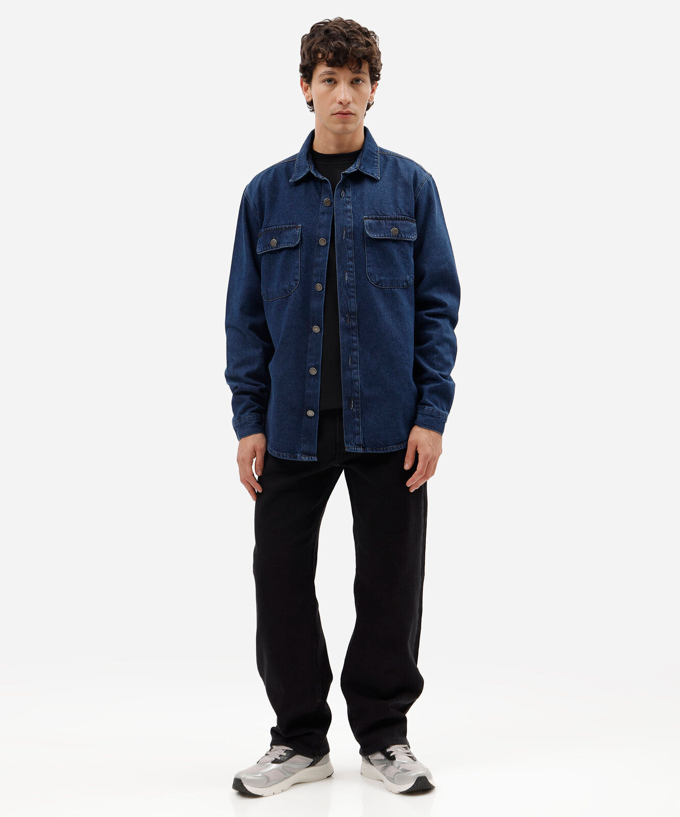 camisa masculina jeans manga longa com bolsos azul