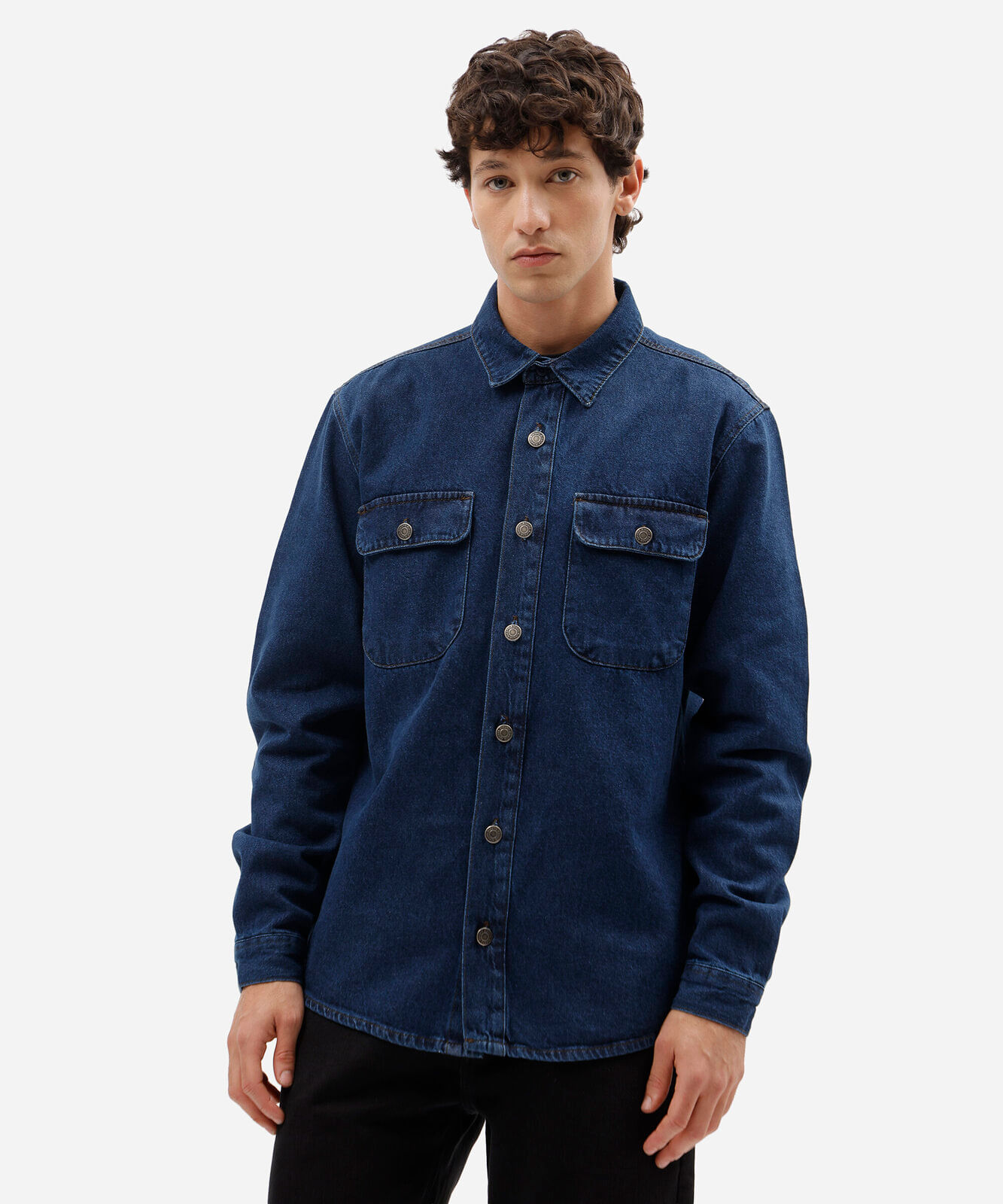 camisa masculina jeans manga longa com bolsos azul