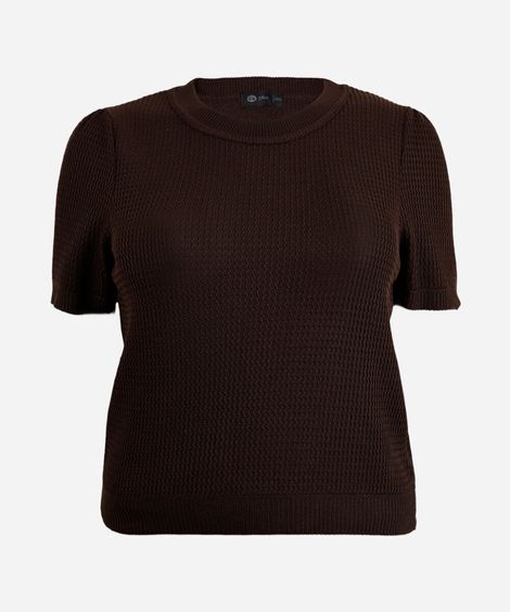 blusa feminina de tricot manga bufante texturizada plus size marrom
