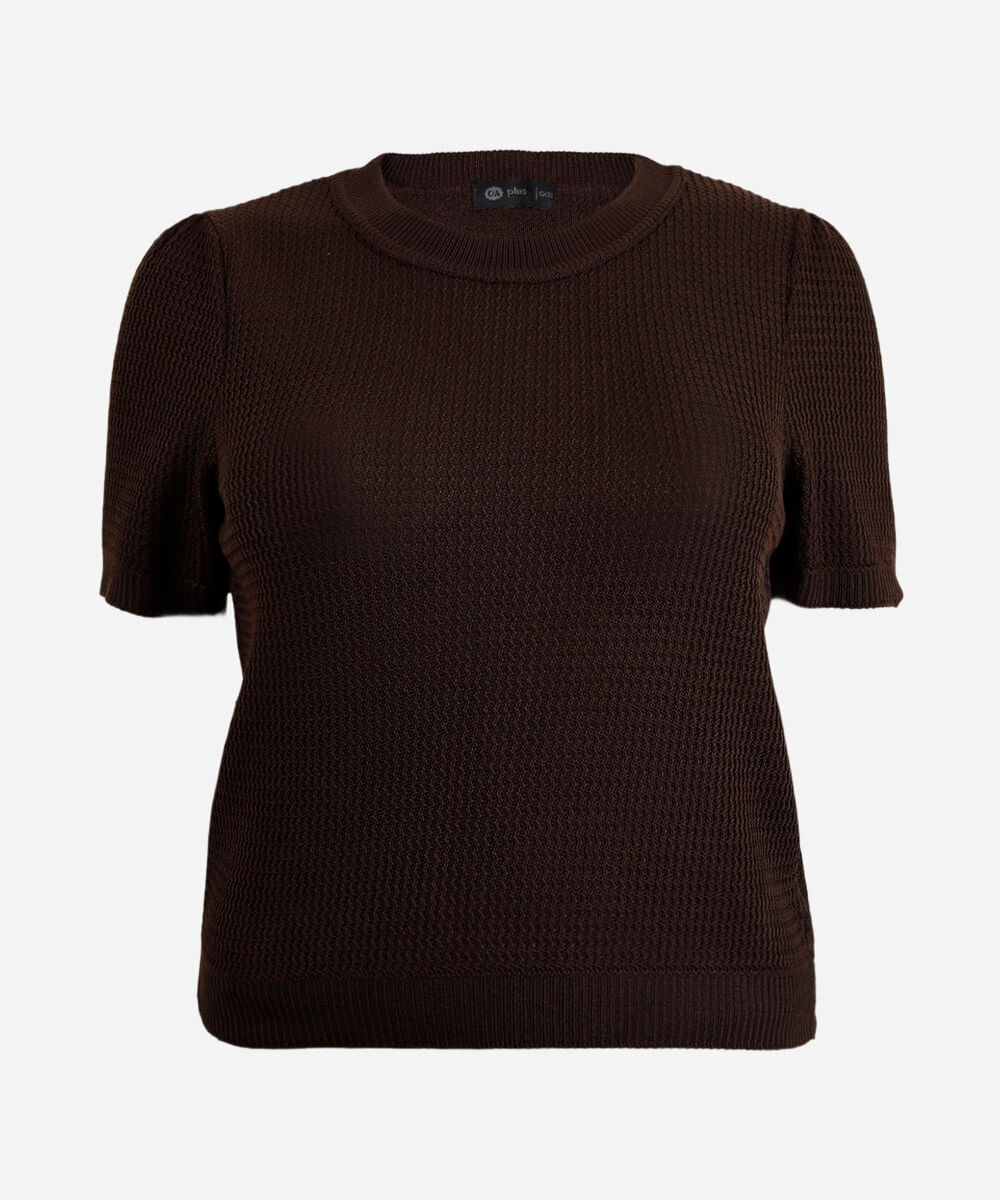blusa feminina de tricot manga bufante texturizada plus size marrom