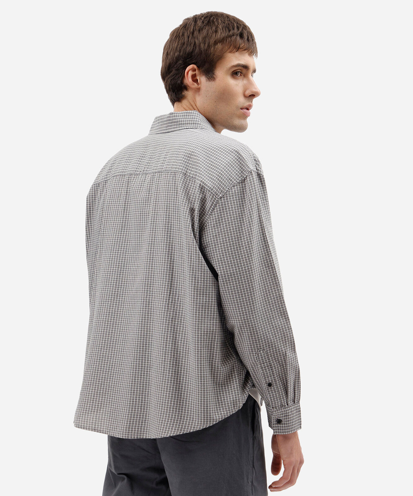 camisa box fit masculina manga longa xadrez cinza