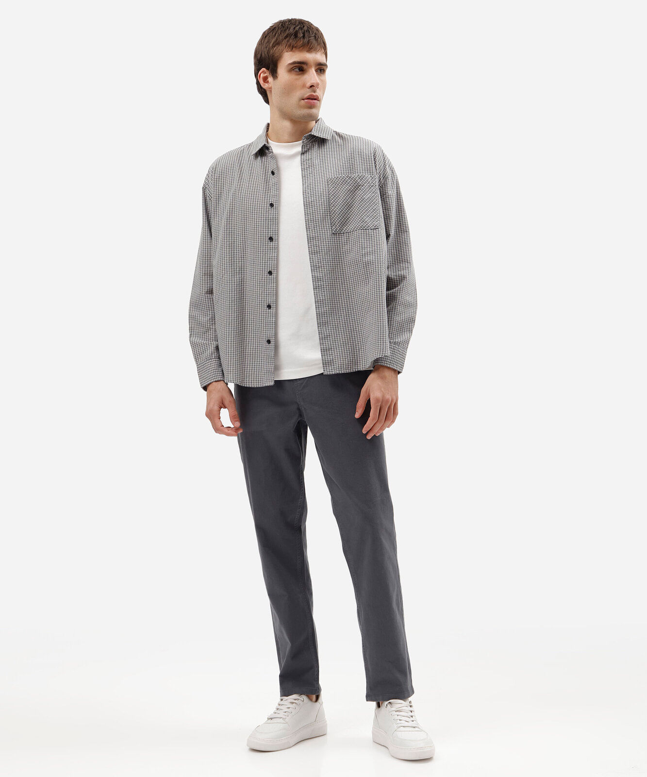 camisa box fit masculina manga longa xadrez cinza