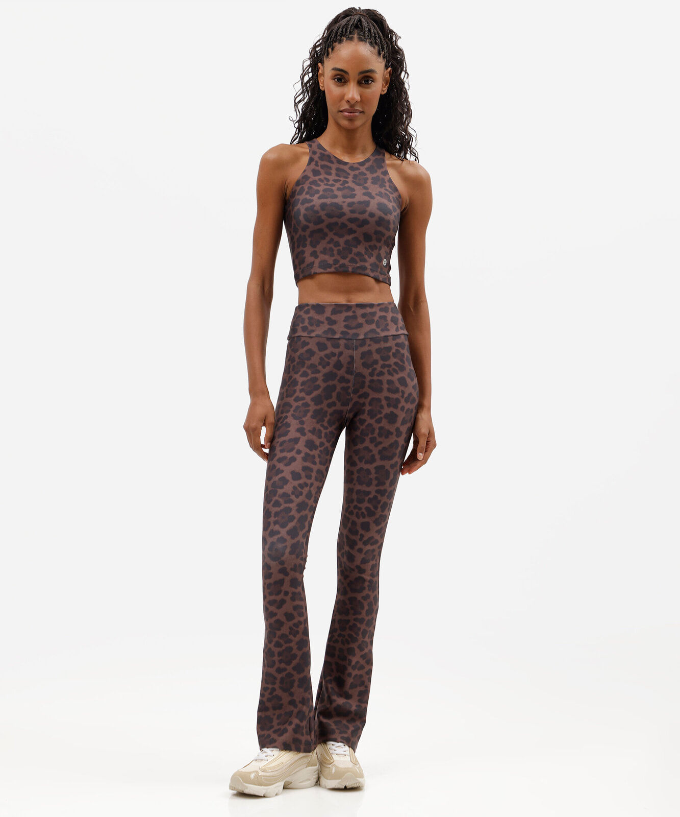calça flare feminina esportiva animal print marrom