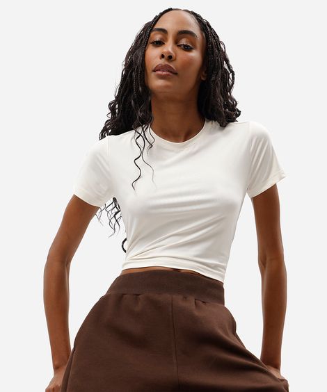 camiseta cropped feminina de poliamida esportiva com transpasse off white