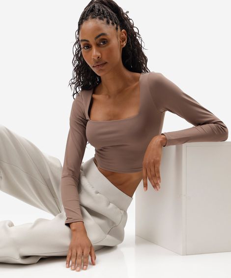 blusa cropped esportiva feminina manga longa marrom