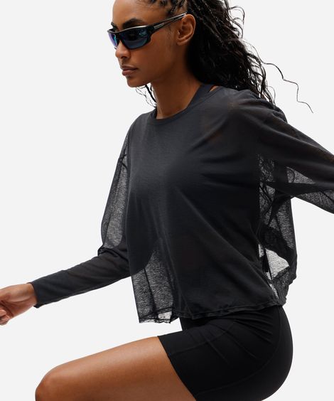 blusa esportiva feminina manga longa com recorte preta