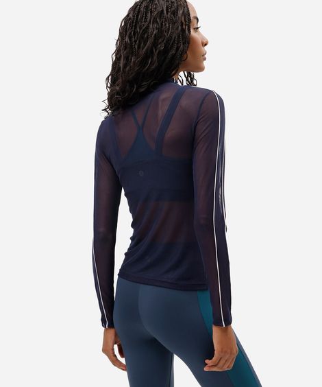blusa esportiva feminina de tule manga longa com nervuras azul
