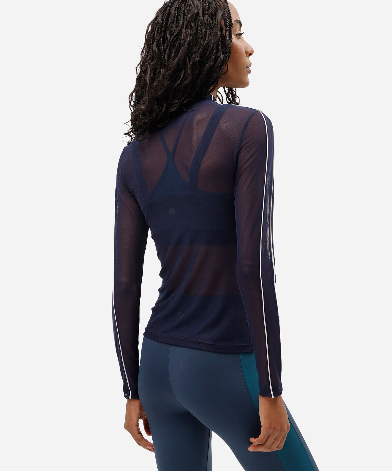 blusa esportiva feminina de tule manga longa com nervuras azul