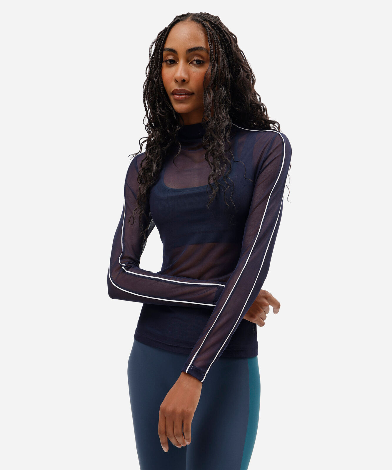 blusa esportiva feminina de tule manga longa com nervuras azul