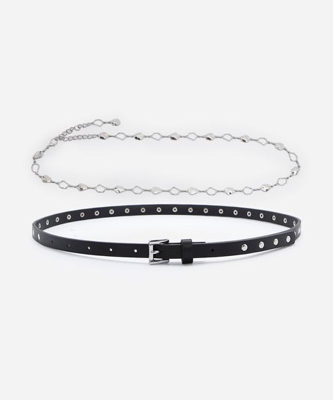 kit de 2 cinto com tachas corrente preto