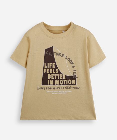camiseta infantil de algodão manga curta estampada bege