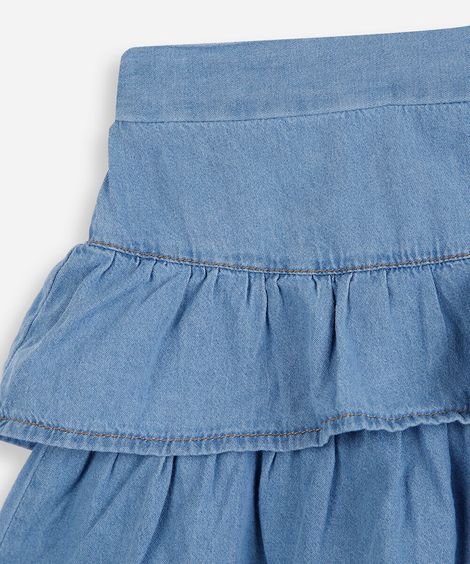 saia curta infantil jeans babados com pala azul