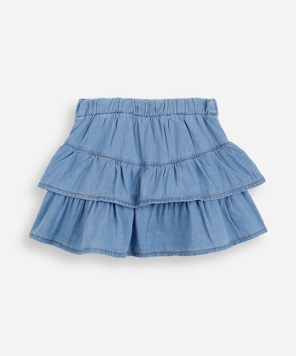 saia curta infantil jeans babados com pala azul