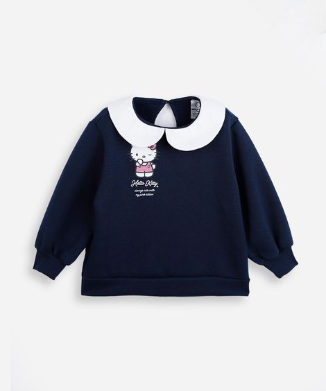 blusão infantil de moletom com gola hello kitty azul