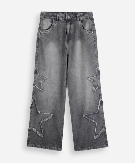 calça wide leg juvenil jeans com estrelas cinza