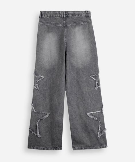 calça wide leg juvenil jeans com estrelas cinza
