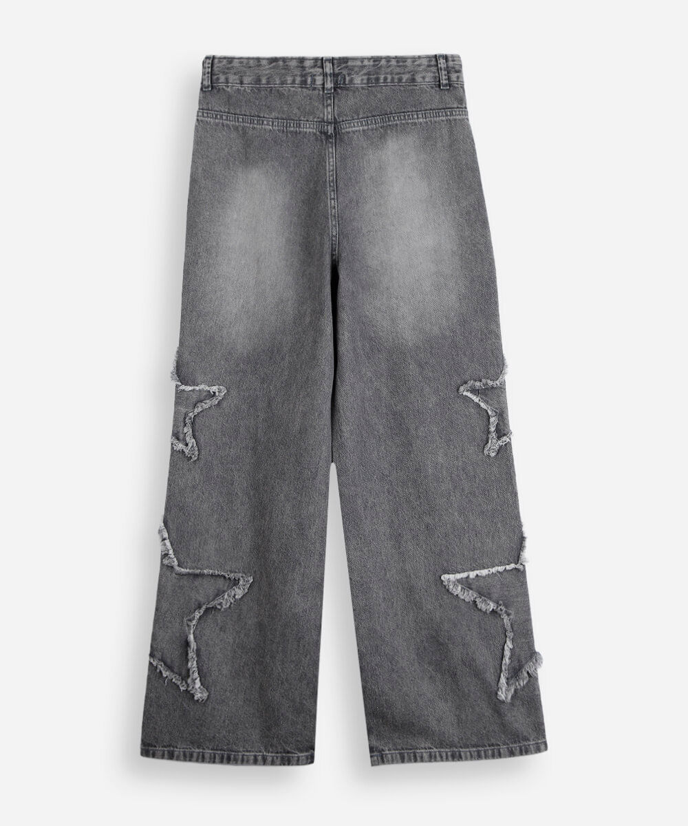 calça wide leg juvenil jeans com estrelas cinza